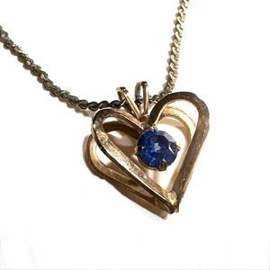 September Birthstone Simulated Sapphire Pendant Necklace Gold Tone Heart Cage